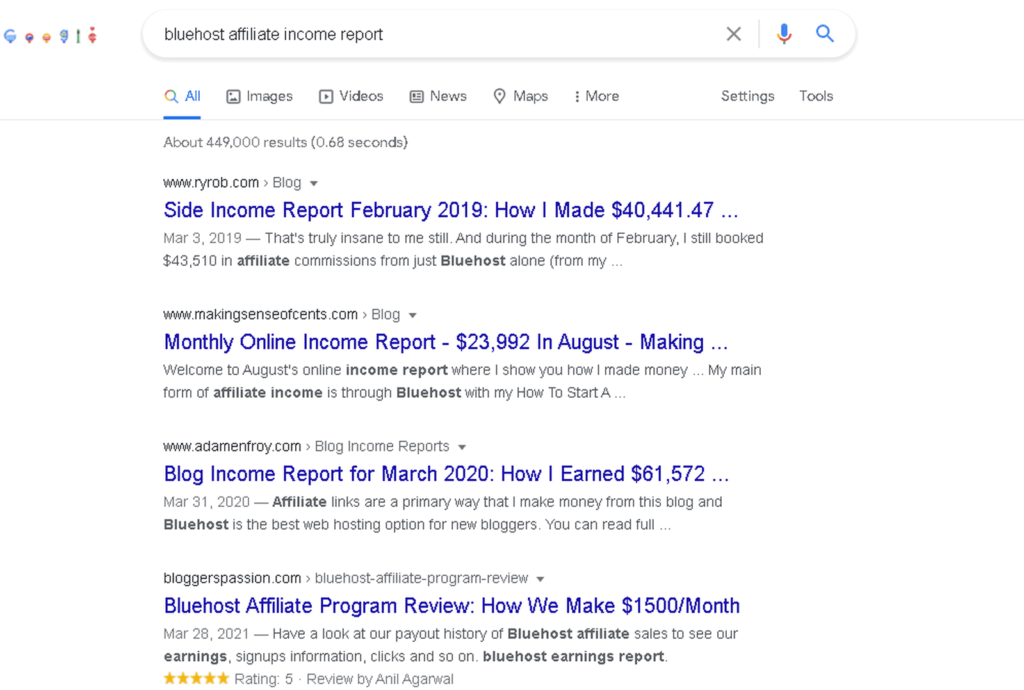 Bluehost affiliate income reports