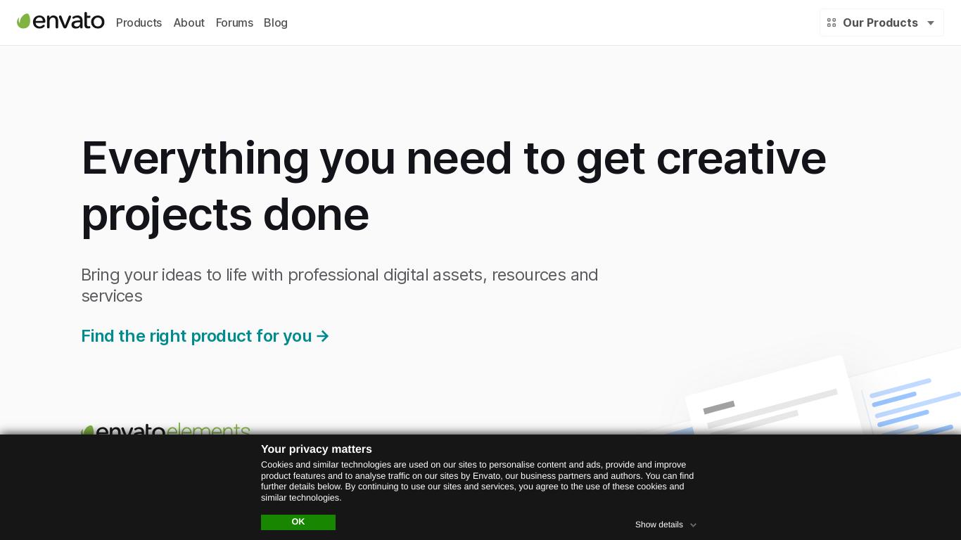 Envato is a marketplace for creative assets and people. They offer unlimited digital assets, mockups, tutorials, and courses for creative projects.