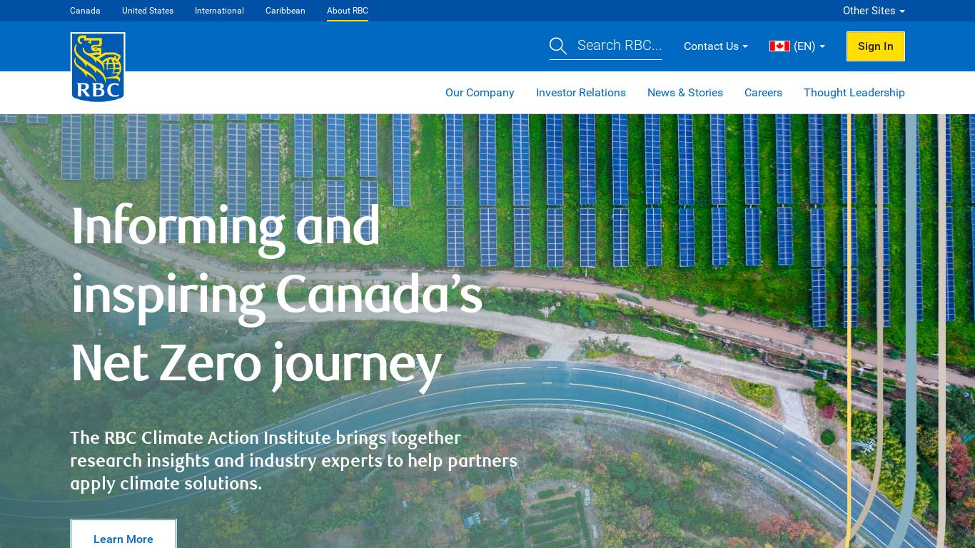 The RBC Climate Action Institute is helping businesses apply climate solutions through research insights and industry experts. RBC is one of Canada's largest banks and offers a variety of roles suited to individuals' goals, background and talents. The bank is committed to helping communities thrive through strategic initiatives that make a measurable impact on society, the environment and the economy. The latest news includes RBC partnerships, dividends and second quarter results. The bank also offers an ESG performance report and highlights its commitment to youth.