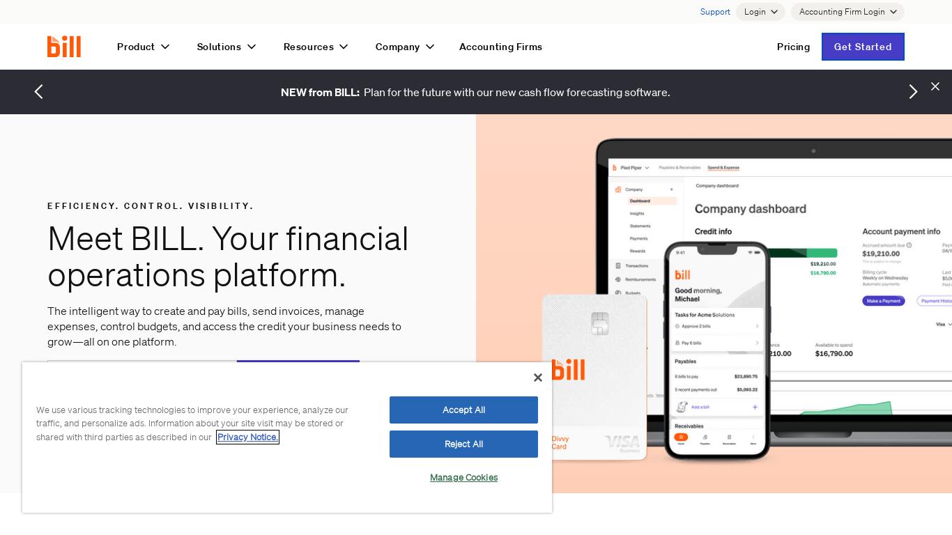 BILL is an intelligent platform that simplifies financial operations by automating the process of creating and paying bills, sending invoices, and getting paid. It streamlines the entire AP process in just 4 simple steps, collects and processes invoices in minutes, customizes approval policies, and approves bills with a simple swipe. BILL also allows users to make all their payments on one platform via ACH, credit card, virtual card, international wire, and even paper checks. It enhances visibility for more informed cash management decisions and simplifies reconciliation with auto-sync or data integration. Testimonials from satisfied customers confirm BILL's success in increasing efficiency and reducing manual effort.