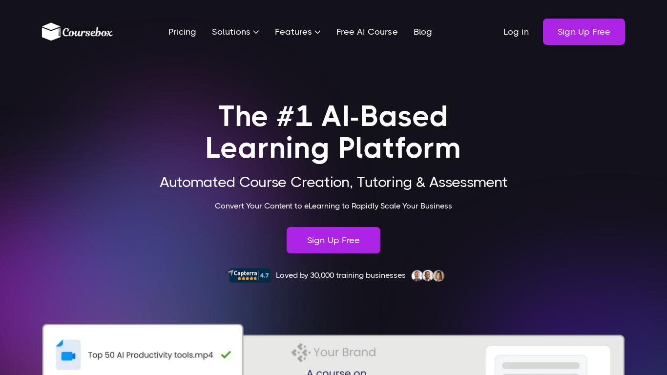 AI Course Creator which helps you build your online course in minutes. Sell courses, convert files to courses and make AI tutor chatbots. Click to try Coursebox AI, the best AI Course Generator and learning experience platform for a faster and better course creation process.